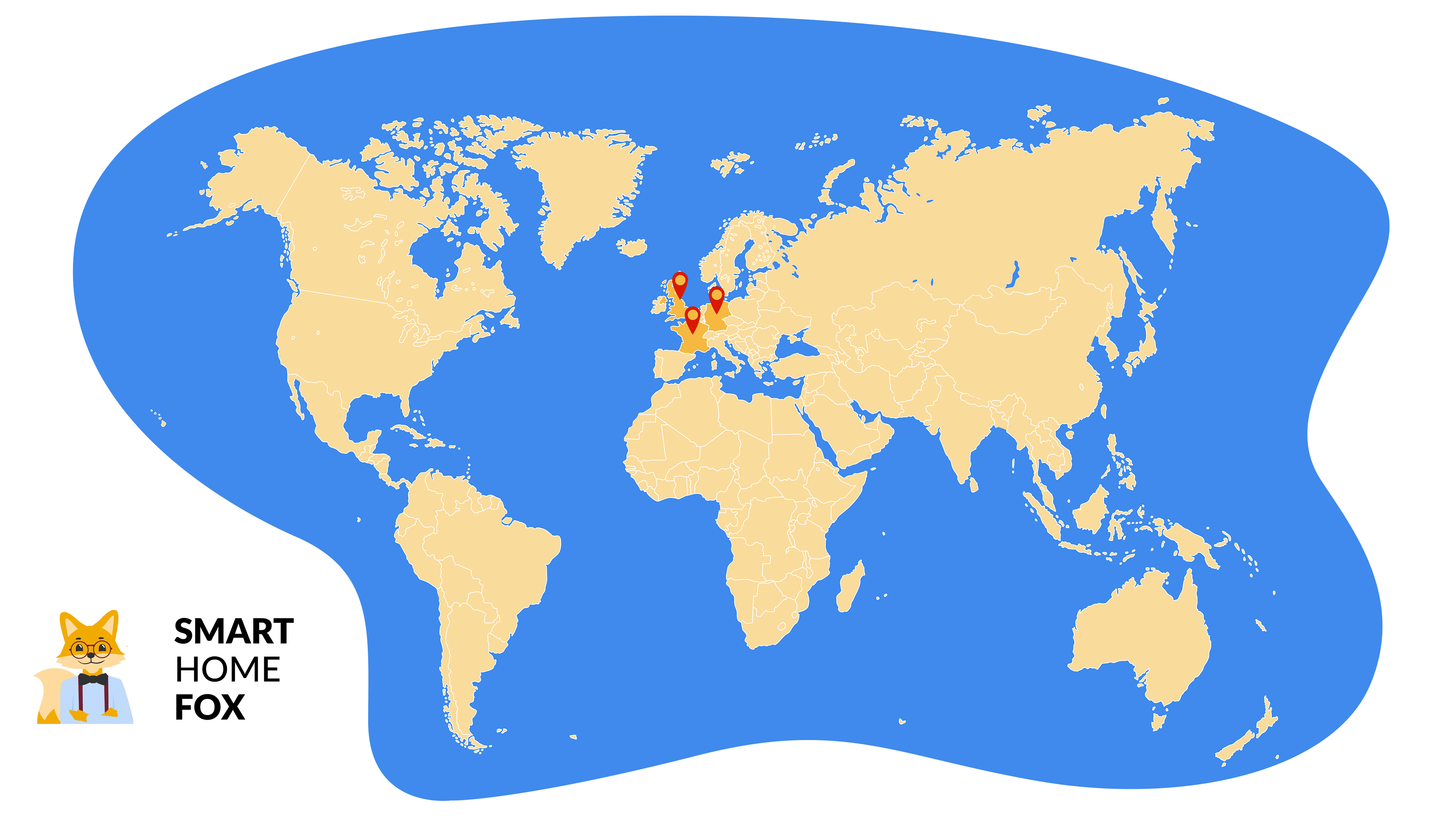 Auf einer Karte sind die Länder markiert, in denen Smart Home Fox präsent ist